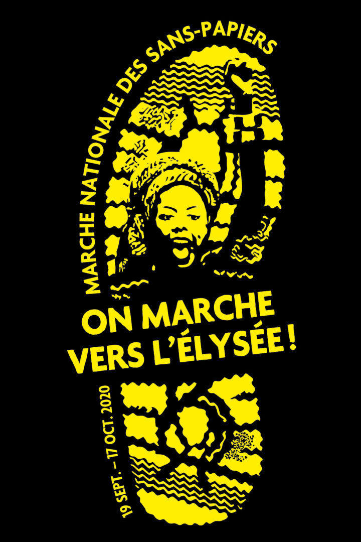 Logo de la marche des solidarités, une femme le poing levé et la bouche ouverte pour crier dans une empreinte de pas, avec le slogan "On marche vers l'Elysée! ".
